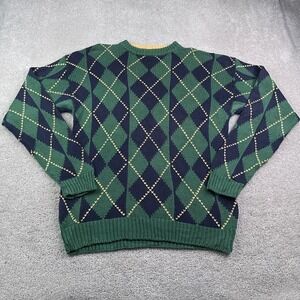 VINTAGE Campus Sweater Mens Large Green Blue Diamond Argyle Ramie Cotton Crew